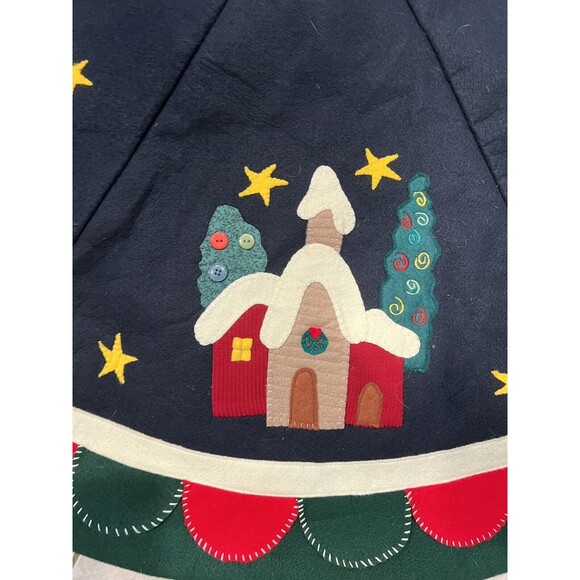 Christmas Tree Skirt Mushroom Houses 52in Felt Appliqué Handmade Vintage Folkart - Picture 2 of 10
